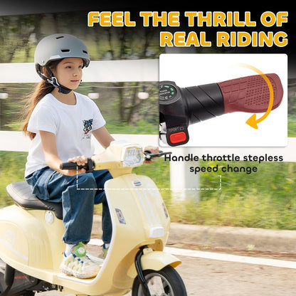 Close-up of the handlebar and throttle on the beige ride-on car
