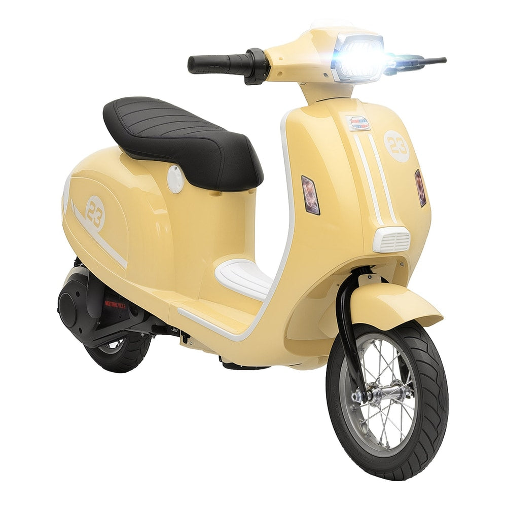 AIYAPLAY 24V Kids Electric Motorbike in beige, a front three-quarter view with the headlight on