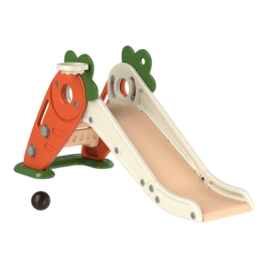 AIYAPLAY 3 in 1 Foldable Toddler Slide with a basketball hoop and a small ball on a white background