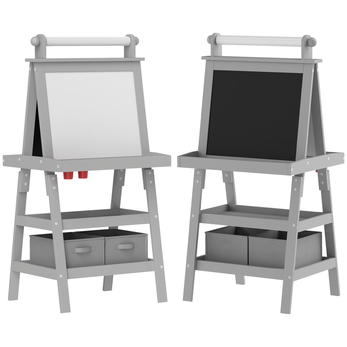 AIYAPLAY 3 in 1 Kids Easel Double-Sided Magnetic Whiteboard and Chalkboard with paper roll and storage baskets in grey