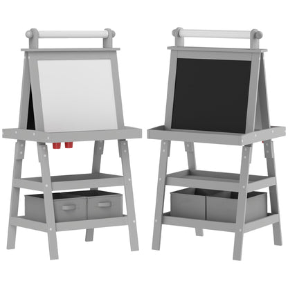 AIYAPLAY 3 in 1 Kids Easel Double-Sided Magnetic Whiteboard and Chalkboard with paper roll and storage baskets in grey