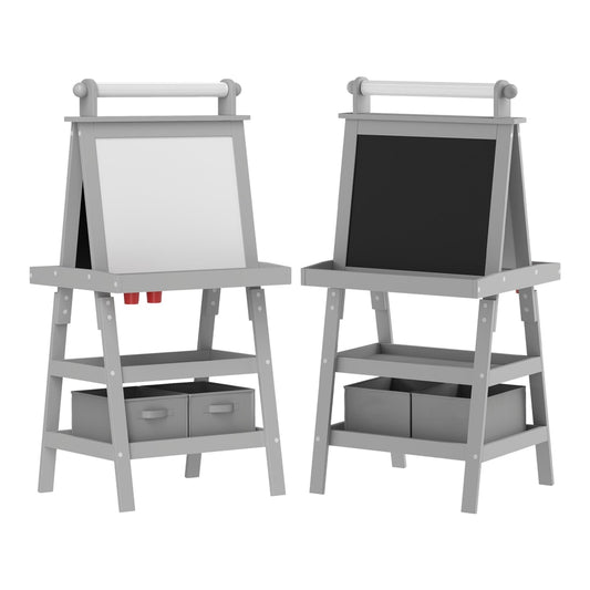 AIYAPLAY 3 in 1 Kids Easel Double-Sided Magnetic Whiteboard and Chalkboard with paper roll and storage baskets in grey