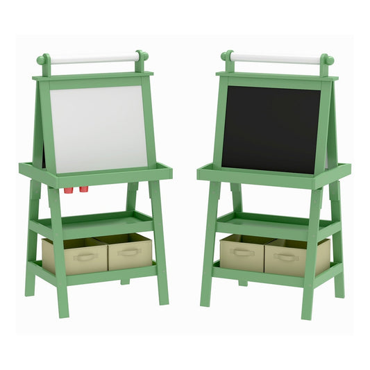 AIYAPLAY 3 in 1 Kids Easel Double-Sided Magnetic Whiteboard and Chalkboard with paper roll and storage baskets in green