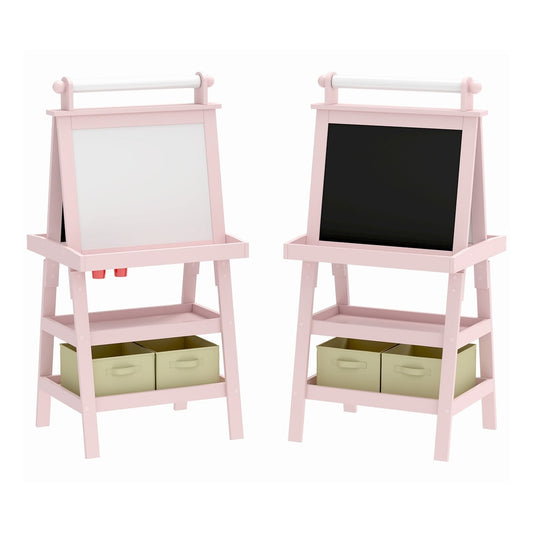 AIYAPLAY 3 in 1 Kids Easel Double-Sided Magnetic Whiteboard and Chalkboard with paper roll and storage baskets in pink