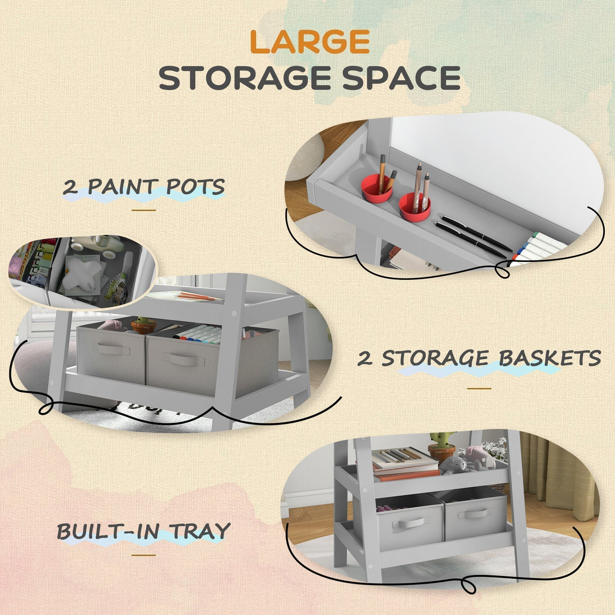 The grey kids art easel showing storage baskets and a built-in tray