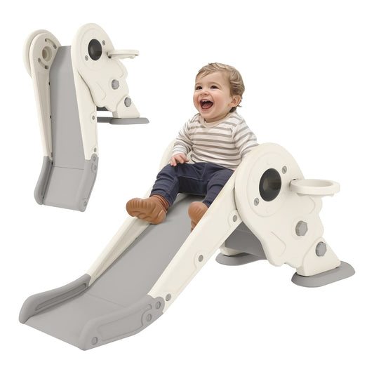 AIYAPLAY 3-in-1 Kids Slide with Basketball Hoop, a toddler happily slides down the cream white plastic slide