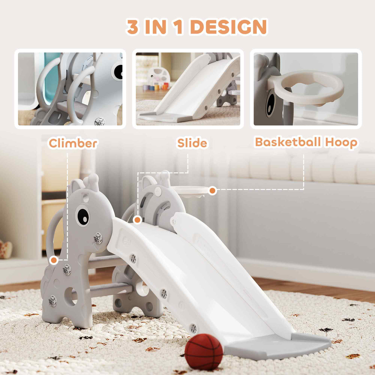 Close up of the grey giraffe toddler slide showing the climber, slide and basketball hoop features