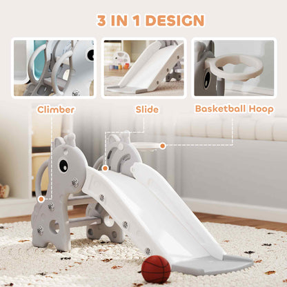 Close up of the grey giraffe toddler slide showing the climber, slide and basketball hoop features
