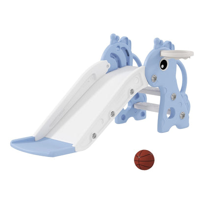 AIYAPLAY 3 in 1 Kids Slide with Climber, a blue and white giraffe-shaped toddler slide with a basketball hoop