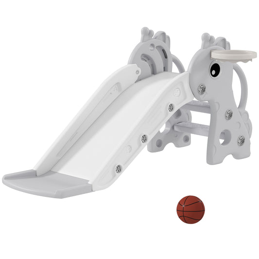 AIYAPLAY 3 in 1 Kids Slide with Climber, a grey giraffe-shaped toddler slide with a basketball hoop