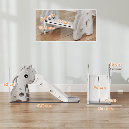 The grey giraffe toddler slide with a basketball hoop and ball