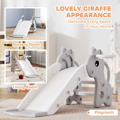 The grey giraffe toddler slide in a nursery room and a living room setting