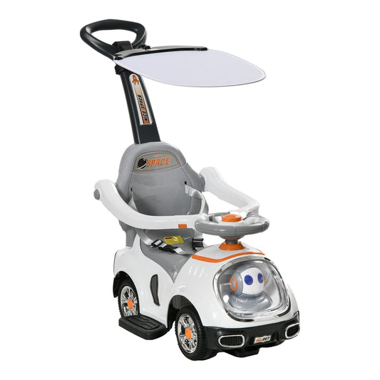 AIYAPLAY 3 in 1 Ride on Push Car, a white cartoon robot themed slider with a parent handle and canopy