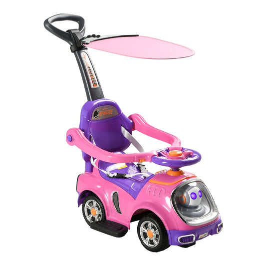 AIYAPLAY 3 in 1 Ride on Push Car in pink with a purple seat and canopy