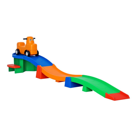 AIYAPLAY 3(m) Four-Piece Ride on Kids Roller Coaster with a small orange car on the colourful track