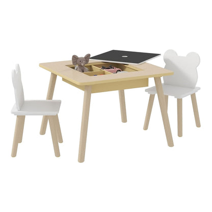 AIYAPLAY 3-Piece Kids Table and Chairs Set with a square table and two chairs, one with bear ears