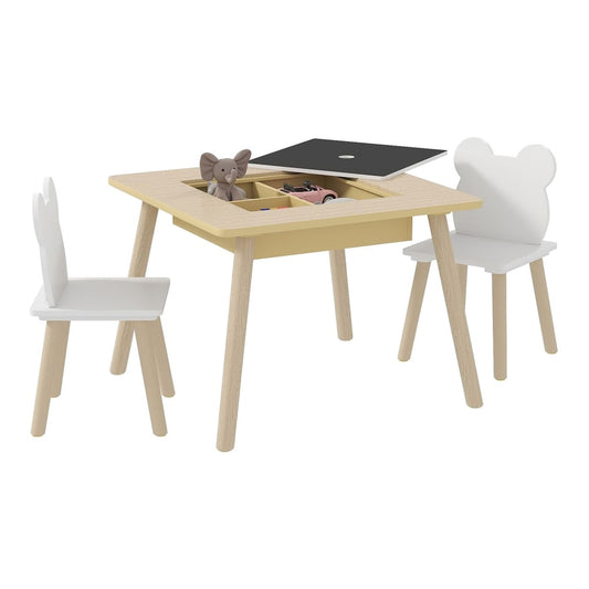 AIYAPLAY 3-Piece Kids Table and Chairs Set with a square table and two chairs, one with bear ears