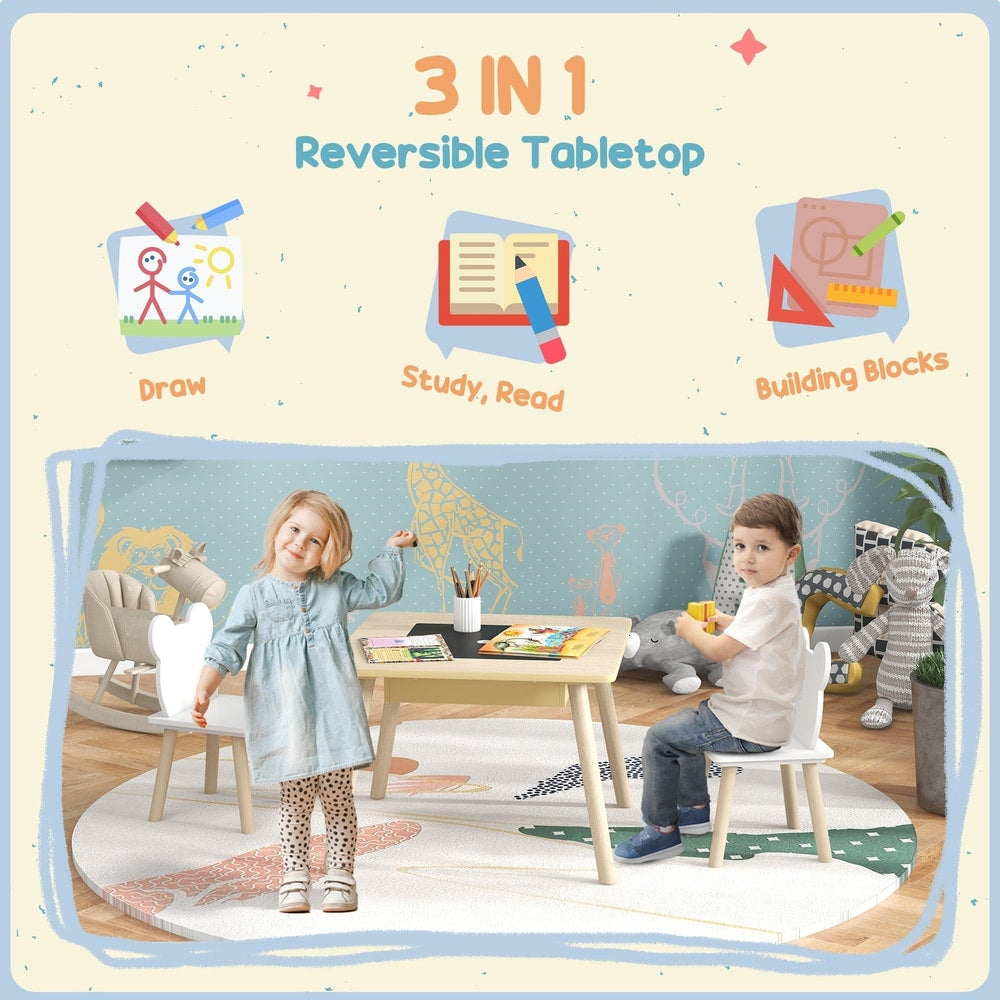 Three illustrations showing the convertible desk can be used for drawing, studying, or building blocks