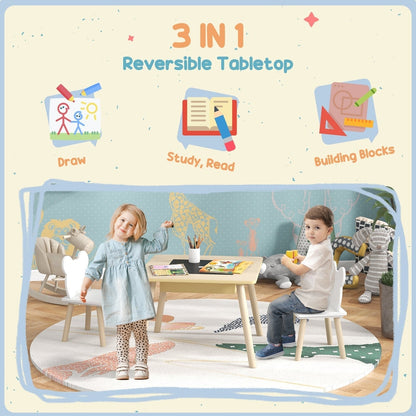 Three illustrations showing the convertible desk can be used for drawing, studying, or building blocks