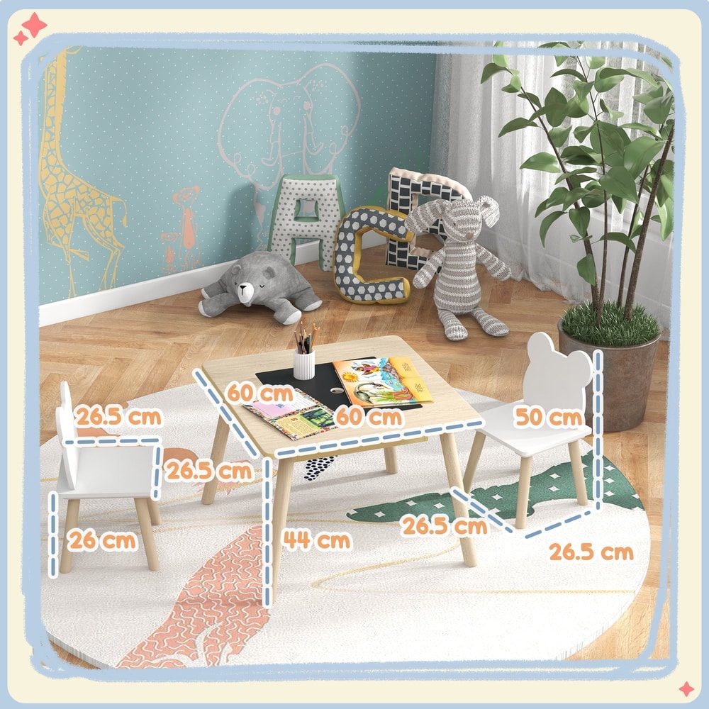 Dimensions of the kids activity table and chairs set with measurements shown