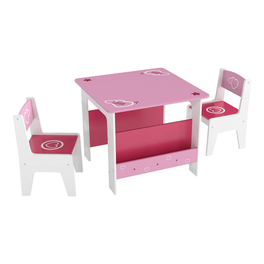AIYAPLAY 3 Pieces Kids Table and Chair Set in pink with two chairs and a table with bookshelves