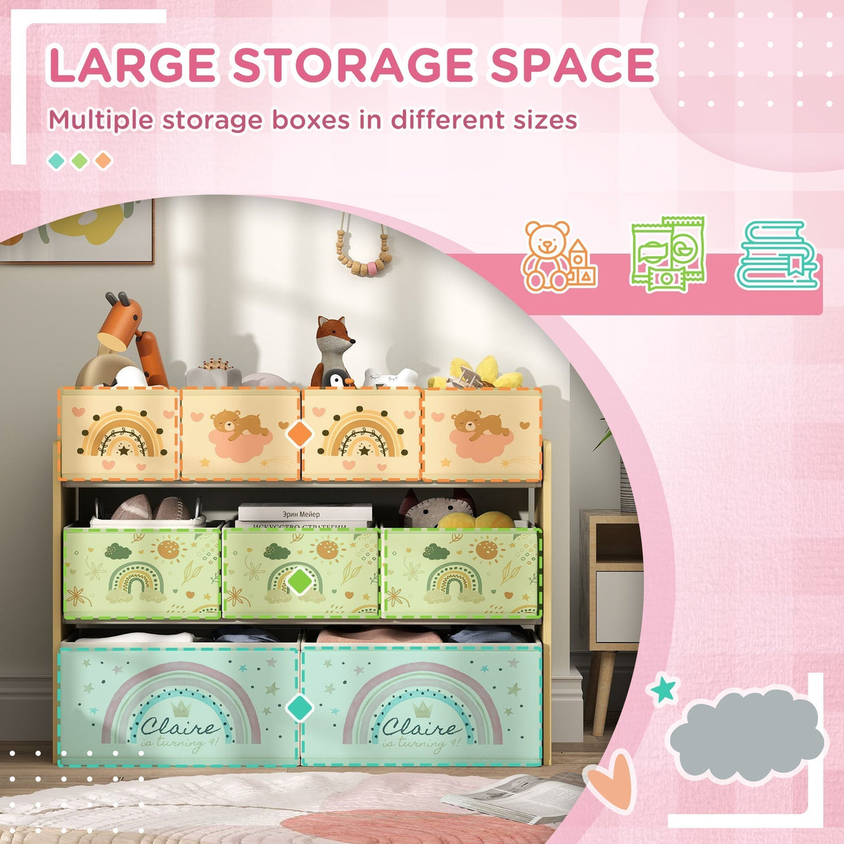 Three tiers of storage boxes in yellow, green, and pink, with toys and books inside