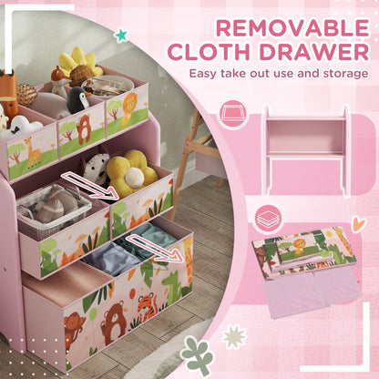 Close-up of the pink kids storage unit showing removable boxes with jungle animal designs