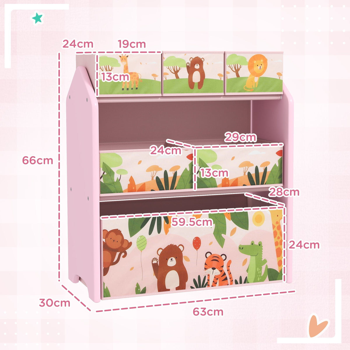 A pink toy storage unit with dimensions shown for height, width and depth