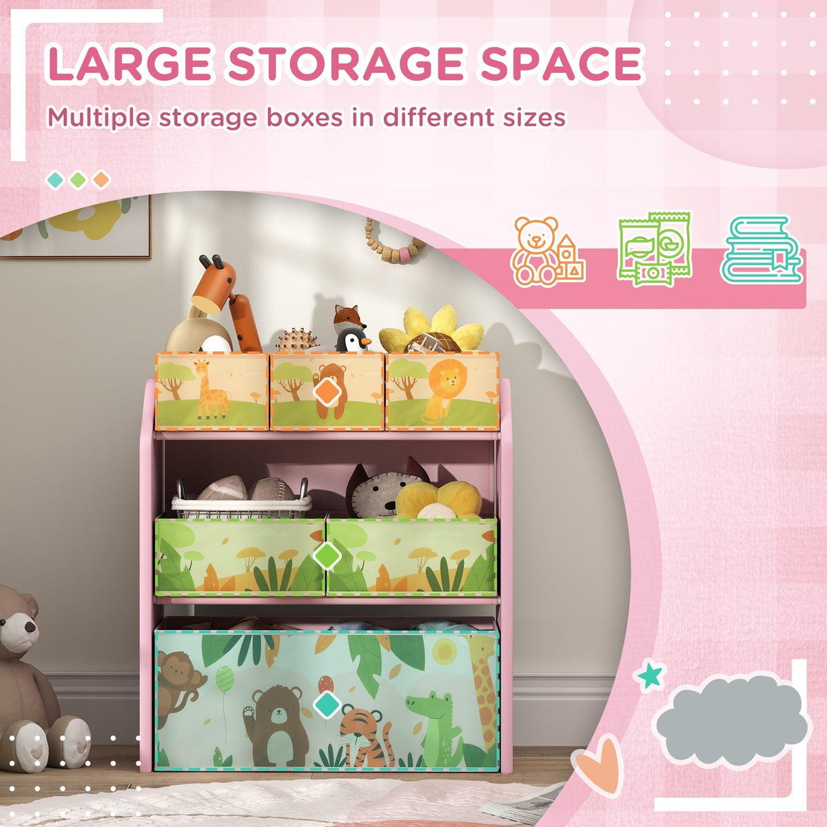 The pink kids storage unit filled with toys and books, showing ample storage space