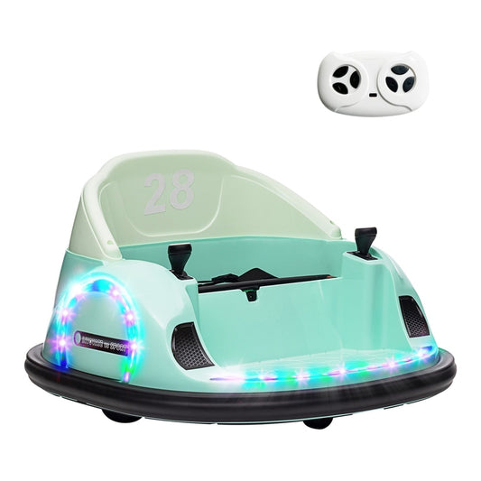 AIYAPLAY 360 Rotation Kids Bumper Car in green with a remote control and glowing LED lights