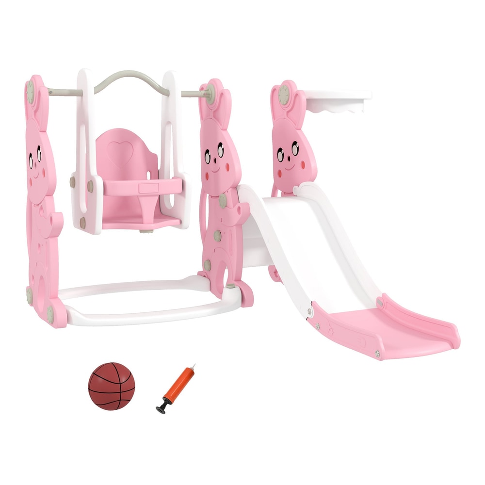 AIYAPLAY 4 in 1 Kids Slide and Swing Set with climber, basketball hoop and swing in pink