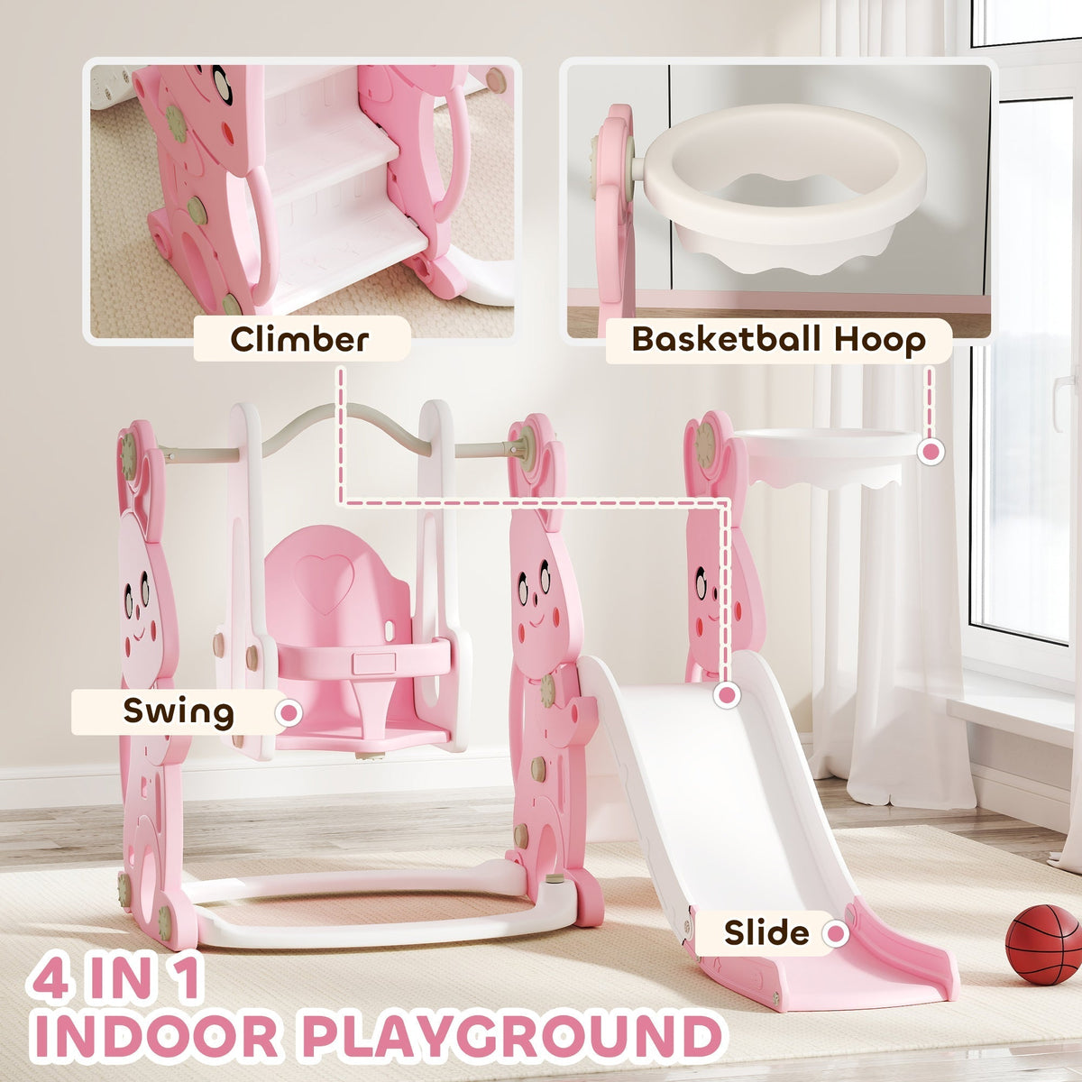 Parts of the pink 4 in 1 indoor playground with climber, swing and slide