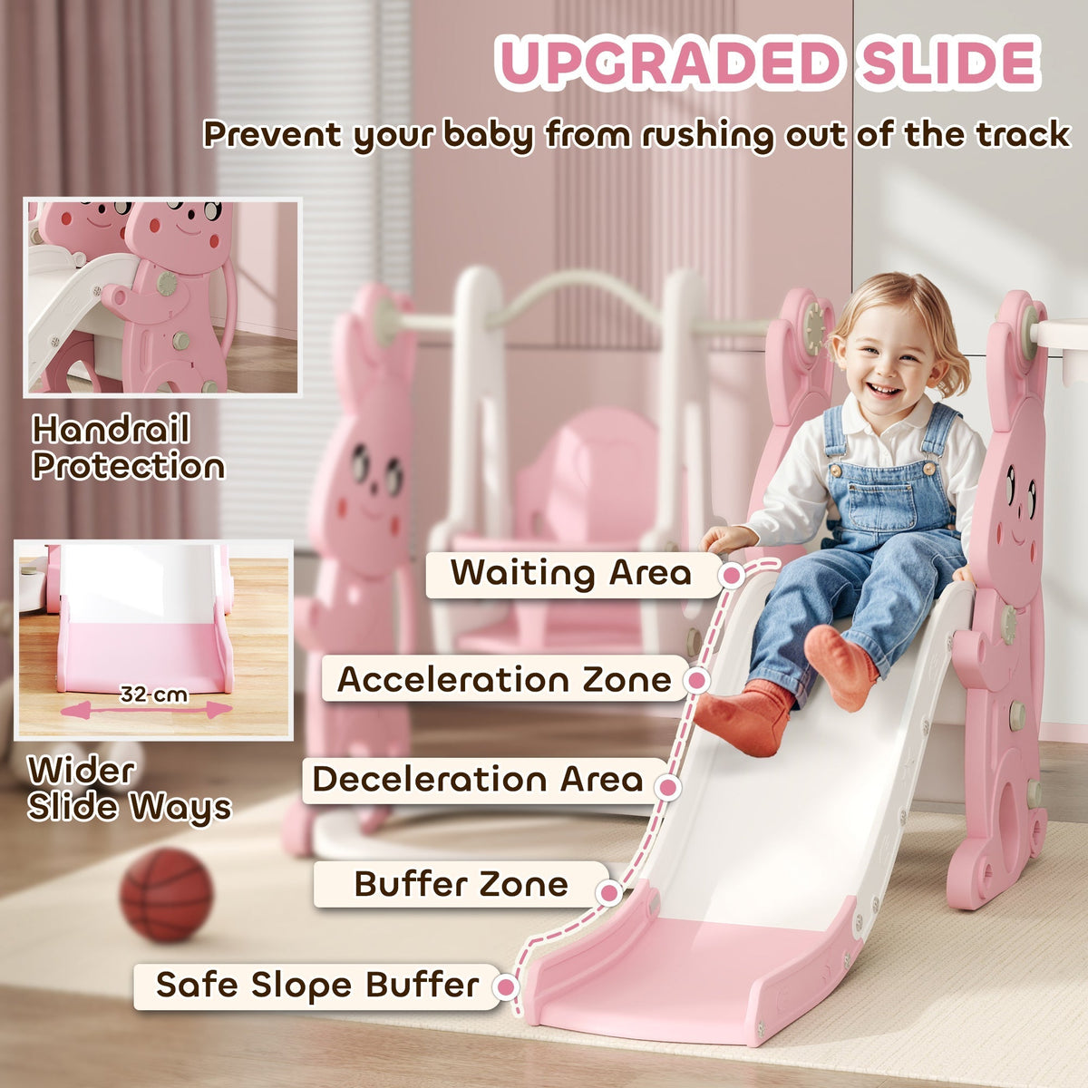 Close up of the pink kids slide and swing set with safety features labelled