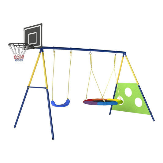 AIYAPLAY 4-in-1 Kids Swing Set with Saucer Swing, basketball hoop and football goal in blue, yellow and green