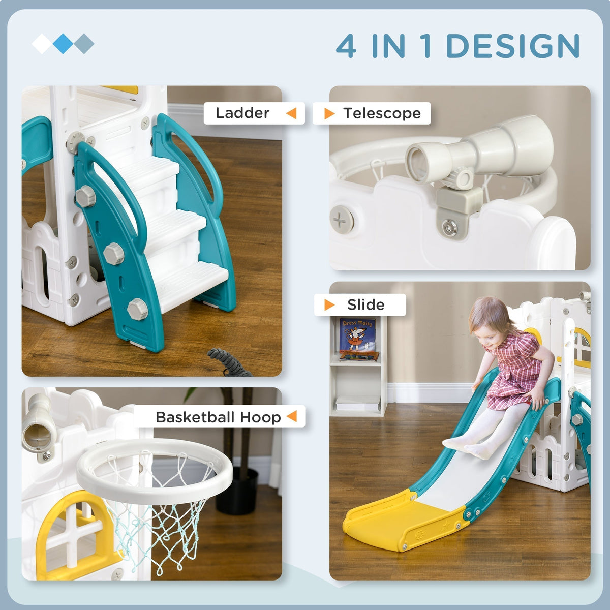 Close up of the ladder, telescope, basketball hoop and slide on the yellow and white climber