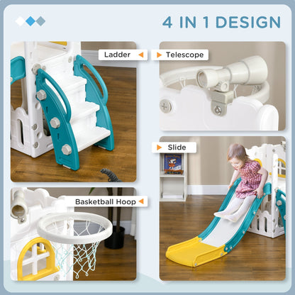 Close up of the ladder, telescope, basketball hoop and slide on the yellow and white climber