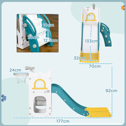 Size diagram of the yellow and white slide with basketball hoop, climber and telescope