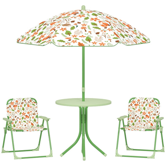 AIYAPLAY 4-Piece Kids Garden Table and Chair Set with a green table and two chairs with a nature pattern