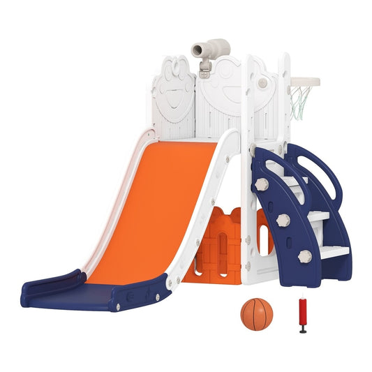 AIYAPLAY 5 in 1 Kids Slide Set with basketball hoop, climbing frame, telescope and storage box in orange and white