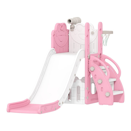 AIYAPLAY 5 in 1 Kids Slide Set in pink and white with a basketball hoop and telescope