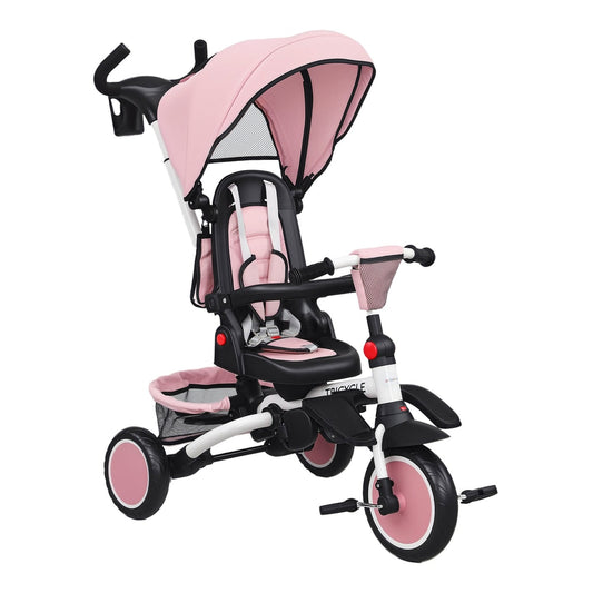 AIYAPLAY 6 in 1 Foldable Kids Trike in pink, a three-wheeled ride-on with a parent handle and canopy
