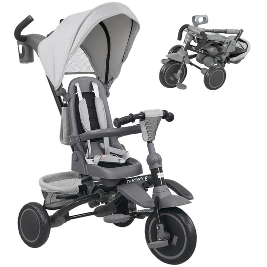 AIYAPLAY 6 in 1 Foldable Kids Trike in grey with parent handle and canopy