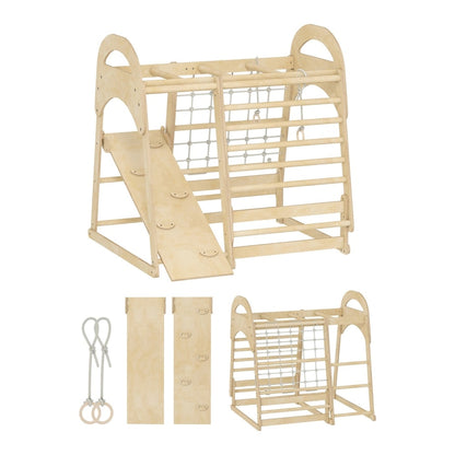 AIYAPLAY 6 in 1 Kids Climbing Frame with Slide, a wooden indoor jungle gym with a slide, monkey bars and ladder