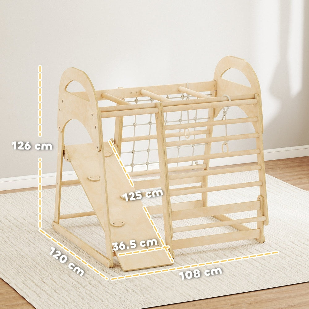 Wooden indoor jungle gym with a slide, monkey bars and ladder, showing dimensions
