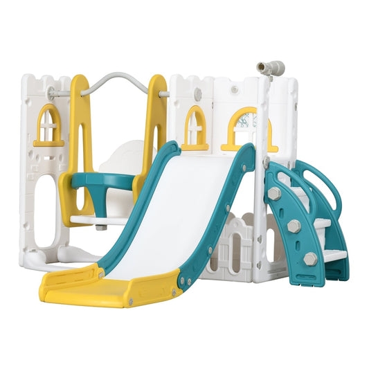 AIYAPLAY 6-in-1 Swing and Slide Set, a yellow and blue plastic playground with a swing, slide, basketball hoop and telescope