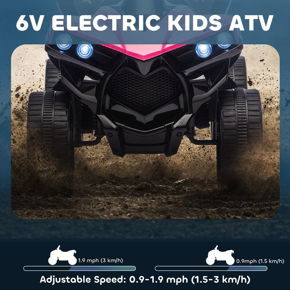 The kids electric quad driving through dirt with speed settings displayed below