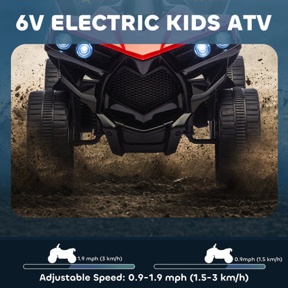 Close up of the front of the red and black kids electric quad bike with mud splashing