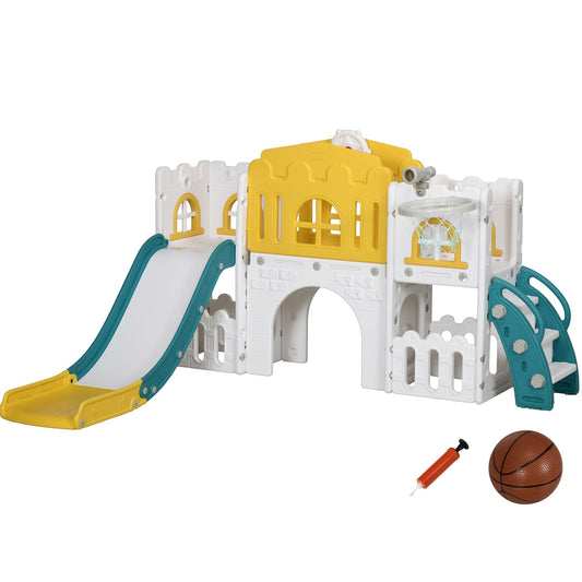 AIYAPLAY 7-in-1 Toddler Slide with a basketball hoop and ball shown on a plain white background