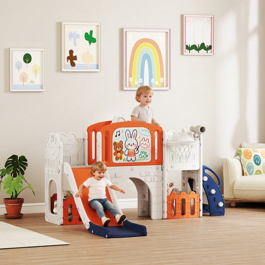 Toddlers playing on the orange and white slide set with basketball hoop and climbing frame in a living room