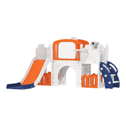 AIYAPLAY 7 in 1 Toddler Slide Set in orange and white with a slide, basketball hoop and climbing frame